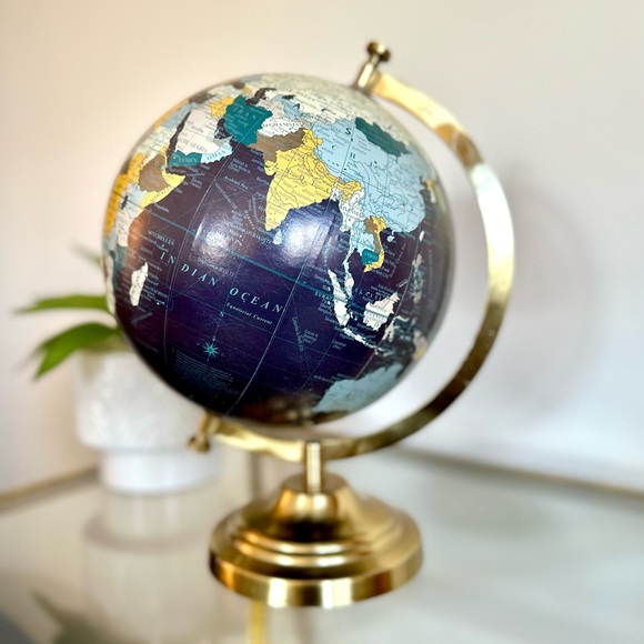 Freestanding Spinning Tilted Globe - Gold, Blue, and Neutrals - Picture 2 of 6